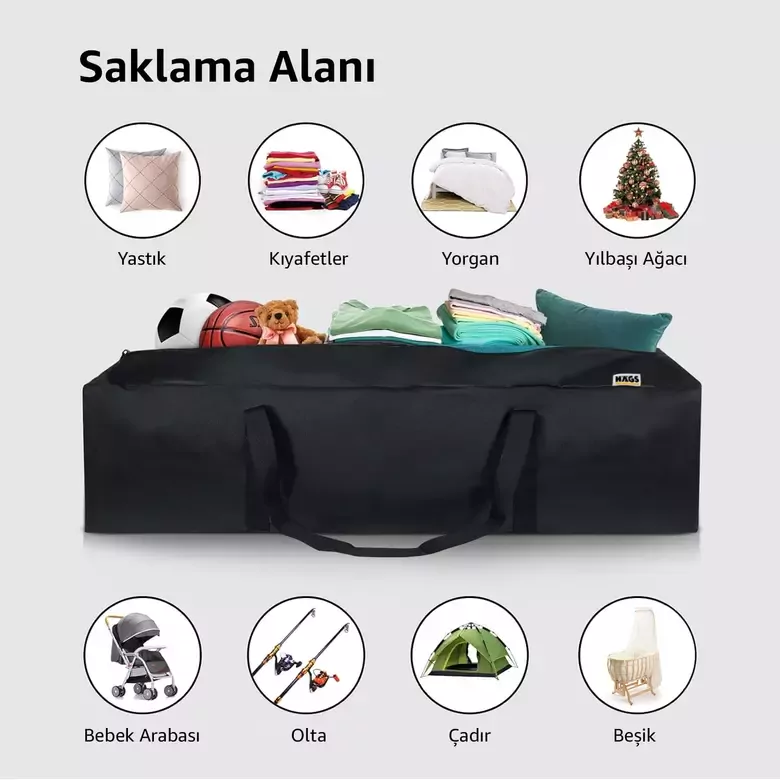 Haegs Taşıma Çantası, Fermuarlı Dayanıklı Seyahat Spor, Kamp Malzemeleri Saklama Çantası, Hurç, Valiz, 70L Orta Boy - Siyah