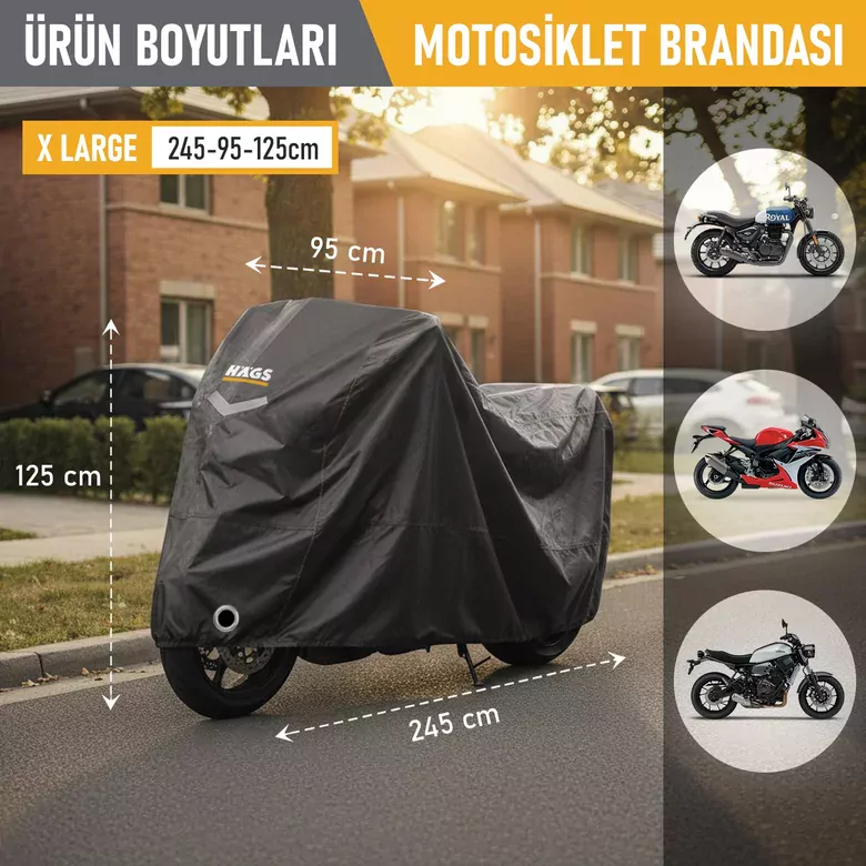 Haegs Motosiklet Brandası, Motor Kılıfı, Örtüsü Dış Mekan Motosiklet Örtüsü Su Geçirmez, Rüzgar, Toz Geçirmez, Motor Garaj Brandası, Kışa Dayanıklı (XL:245x95x125 cm) - Siyah