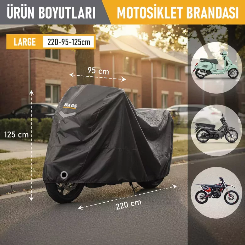 Haegs Motosiklet Brandası, Motor Kılıfı, Örtüsü Dış Mekan Motosiklet Örtüsü Su Geçirmez, Rüzgar, Toz Geçirmez, Motor Scooter Garaj Brandası, Kışa Dayanıklı (L:220x95x125 cm) - Siyah-Gri