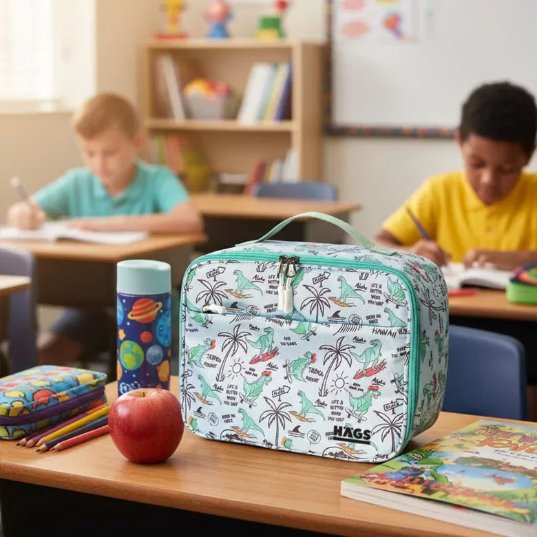 HAEGS Çocuk Beslenme Çantası, Kız Çocukları için Öğle Yemeği Kutusu - Termal Yalıtımlı Kız Çocuk Beslenme Çantası, Kreş ve Okul İçin Küçük Öğrenci Öğle Yemeği Kutusu - Dino İsland