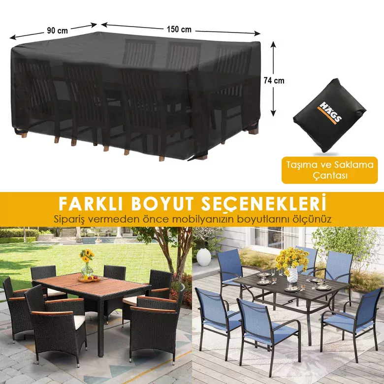 Haegs Bahçe Mobilyası Örtüsü, 150-90-74cm, Ağır Hizmet Oxford Kumaş, Su Geçirmez, Dış Mekan Veranda Masa Örtüsü, Havalandırmalı Masa ve Sandalye Koruma Kılıfı, 150-90-74cm - gri