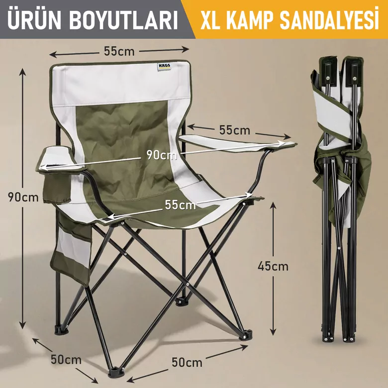 Haegs Kamp Sandalyesi, Outdoor, Plaj ve Piknik için Katlanır Kamp Sandalyesi, Saklama Cepli, Bardak Tutuculu, Extra Destekli, Su Geçirmez Kumaş - 120 Kg Taşıma Kapasiteli, XL Boy- Yeşil - Beyaz