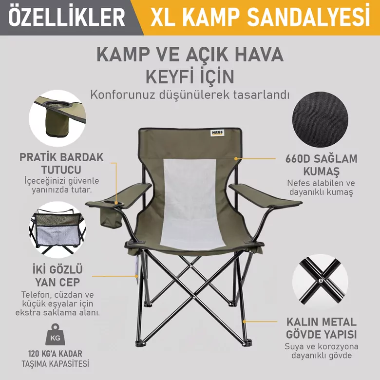 Haegs Kamp Sandalyesi, Outdoor, Plaj ve Piknik için Katlanır Kamp Sandalyesi, Saklama Cepli, Bardak Tutuculu, Extra Destekli, Su Geçirmez Kumaş - 120 Kg Taşıma Kapasiteli, XL Boy- Yeşil - Beyaz