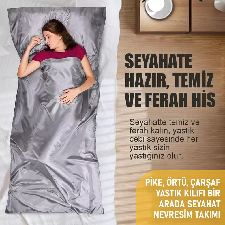 Haegs Seyahat Uyku Nevresimi, Saten Polyester, Hafif Kompakt Taşınabilir Seyahat tipi Nevresim Takımı, Otel için Temiz Çarşaf, Kamp Uyku Tulumu Astarı, Kamp Çadır Çarşafı 220 x 105cm Gri
