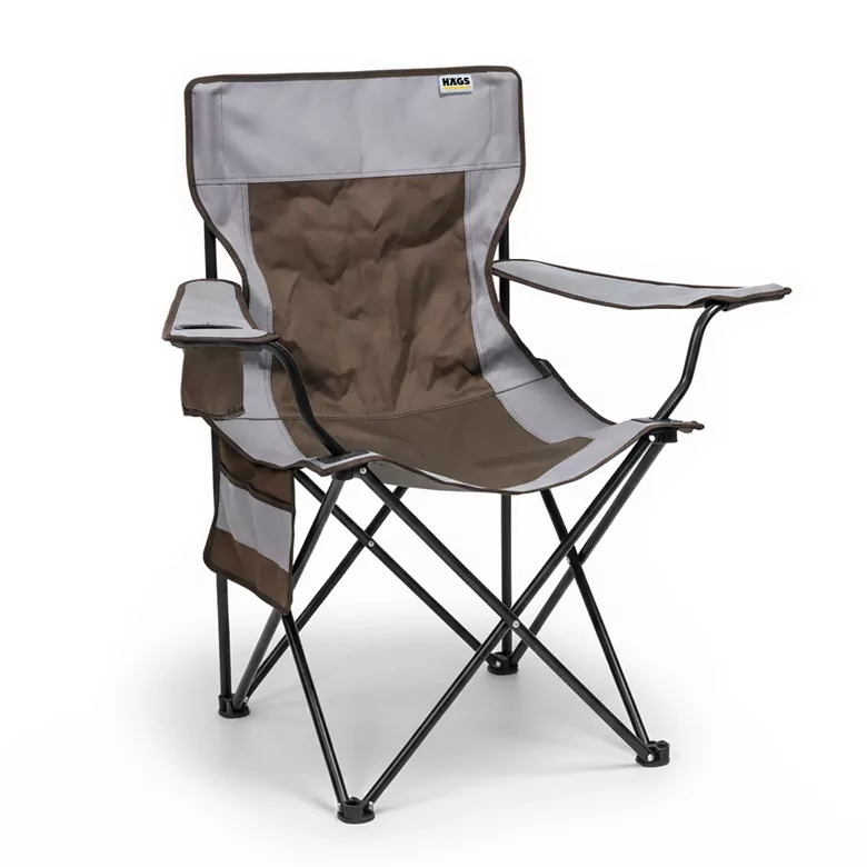 Haegs Kamp Sandalyesi, Outdoor, Plaj ve Piknik için Katlanır Kamp Sandalyesi, Saklama Cepli, Bardak Tutuculu, Extra Destekli, Su Geçirmez Kumaş - 120 Kg Taşıma Kapasiteli, XL Boy- Kahve - Gri