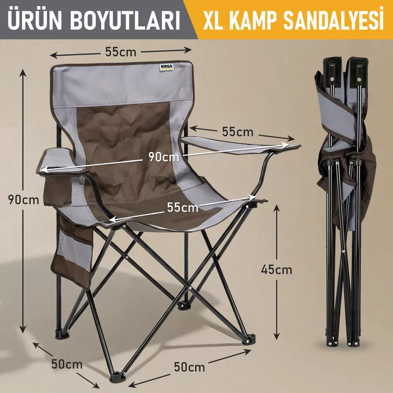 Haegs Kamp Sandalyesi, Outdoor, Plaj ve Piknik için Katlanır Kamp Sandalyesi, Saklama Cepli, Bardak Tutuculu, Extra Destekli, Su Geçirmez Kumaş - 120 Kg Taşıma Kapasiteli, XL Boy- Kahve - Gri