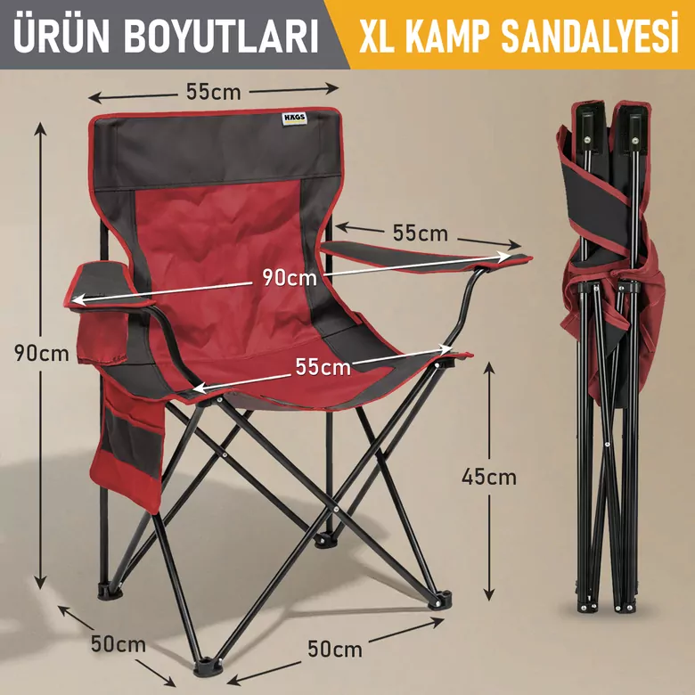 Haegs Kamp Sandalyesi, Outdoor, Plaj ve Piknik için Katlanır Kamp Sandalyesi, Saklama Cepli, Bardak Tutuculu, Extra Destekli, Su Geçirmez Kumaş - 120 Kg Taşıma Kapasiteli, XL Boy- Kırmızı - Kahve