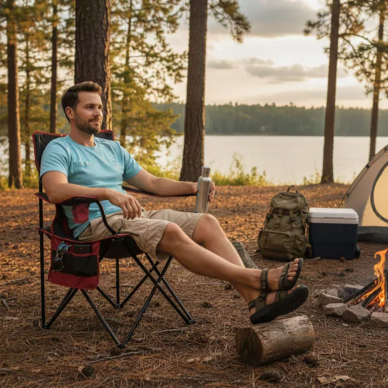 Haegs Kamp Sandalyesi, Outdoor, Plaj ve Piknik için Katlanır Kamp Sandalyesi, Saklama Cepli, Bardak Tutuculu, Extra Destekli, Su Geçirmez Kumaş - 120 Kg Taşıma Kapasiteli, XL Boy- Kırmızı - Kahve