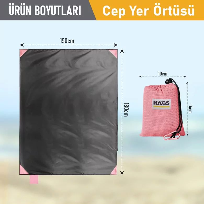 Haegs Cep Yer Örtüsü, Piknik Örtüsü Kamp Matı, Plaj Yer Örtüsü, Su Geçirmez, Kum Tutmaz, Hızlı Kurur, Hafif, Katlanabilir İnce Zemin Örtüsü Outdoor Açık Hava Kamp Yürüyüş Seyahat için - El Askılı - 180-150cm - Pembe