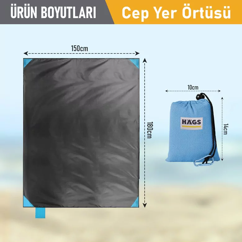 Haegs Cep Yer Örtüsü, Piknik Örtüsü Kamp Matı, Plaj Yer Örtüsü, Su Geçirmez, Kum Tutmaz, Hızlı Kurur, Hafif, Katlanabilir İnce Zemin Örtüsü Outdoor Açık Hava Kamp Yürüyüş Seyahat için - El Askılı - 180-150cm - Mavi