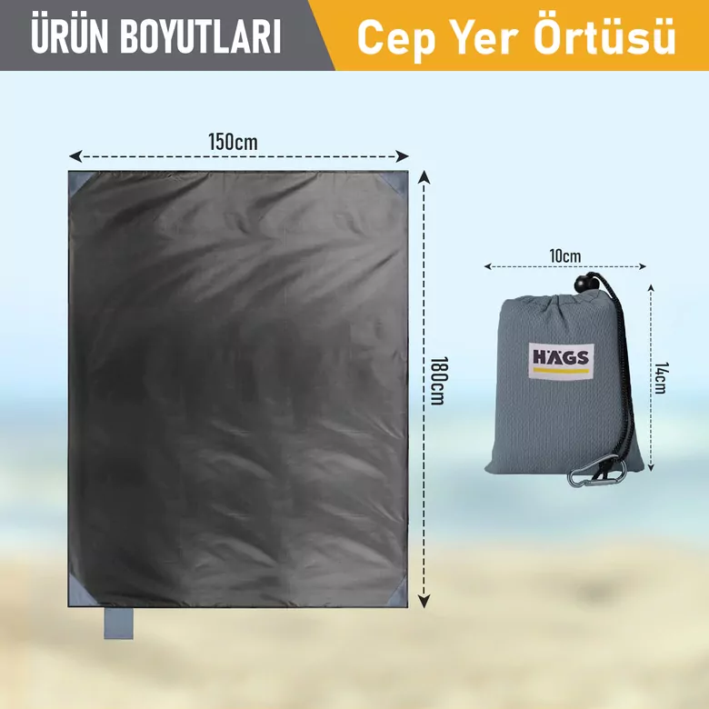 Haegs Cep Yer Örtüsü, Piknik Örtüsü Kamp Matı, Plaj Yer Örtüsü, Su Geçirmez, Kum Tutmaz, Hızlı Kurur, Hafif, Katlanabilir İnce Zemin Örtüsü Outdoor Açık Hava Kamp Yürüyüş Seyahat için - El Askılı - 180-150cm - Gri