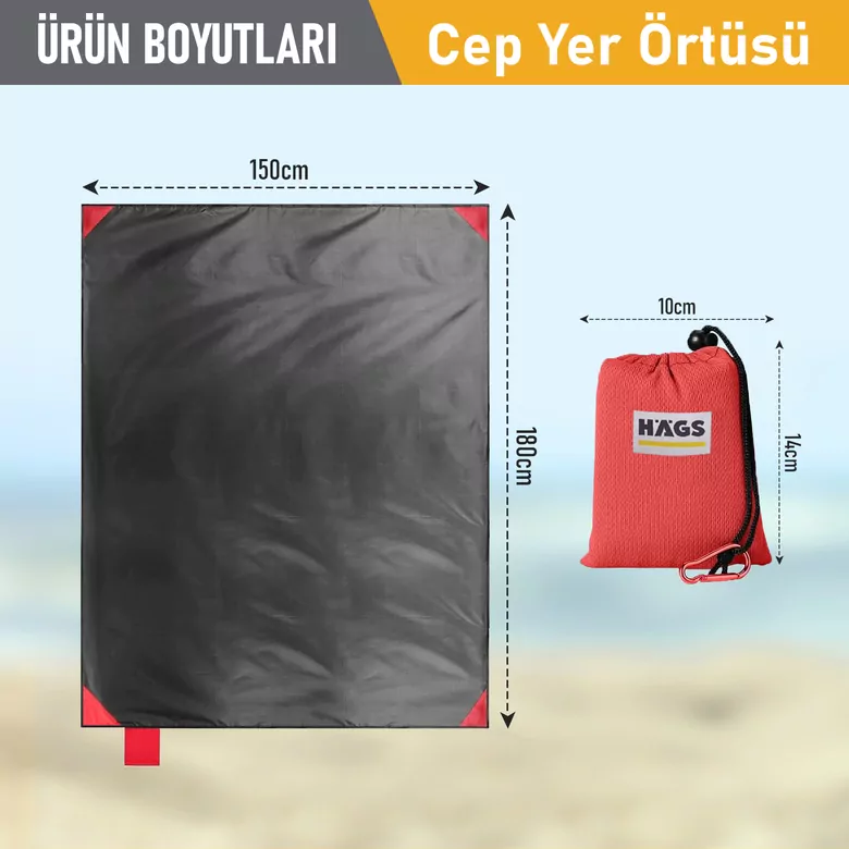 Haegs Cep Yer Örtüsü, Piknik Örtüsü Kamp Matı, Plaj Yer Örtüsü, Su Geçirmez, Kum Tutmaz, Hızlı Kurur, Hafif, Katlanabilir İnce Zemin Örtüsü Outdoor Açık Hava Kamp Yürüyüş Seyahat için - El Askılı - 180-150cm - Kırmızı