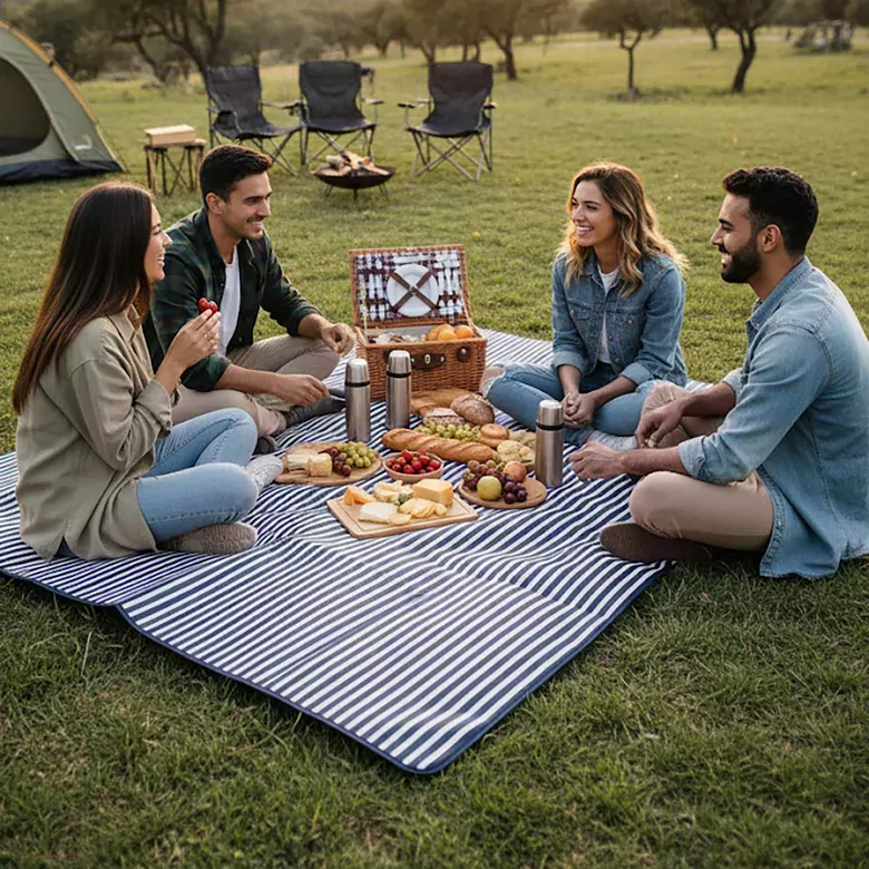 Haegs Piknik Örtüsü, Çanta Kamp Matı, Plaj Matı, Piknik Yer Örtüsü, Seyahat, Kamp, Outdoor, Park Çim Kum Tutmaz, Su Geçirmez, Kullanışlı Çanta Model, Katlanabilir 200x150cm - Mavi - Beyaz Çizgili