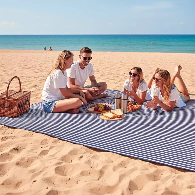 Haegs Piknik Örtüsü, Çanta Kamp Matı, Plaj Matı, Piknik Yer Örtüsü, Seyahat, Kamp, Outdoor, Park Çim Kum Tutmaz, Su Geçirmez, Kullanışlı Çanta Model, Katlanabilir 200x150cm - Mavi - Beyaz Çizgili