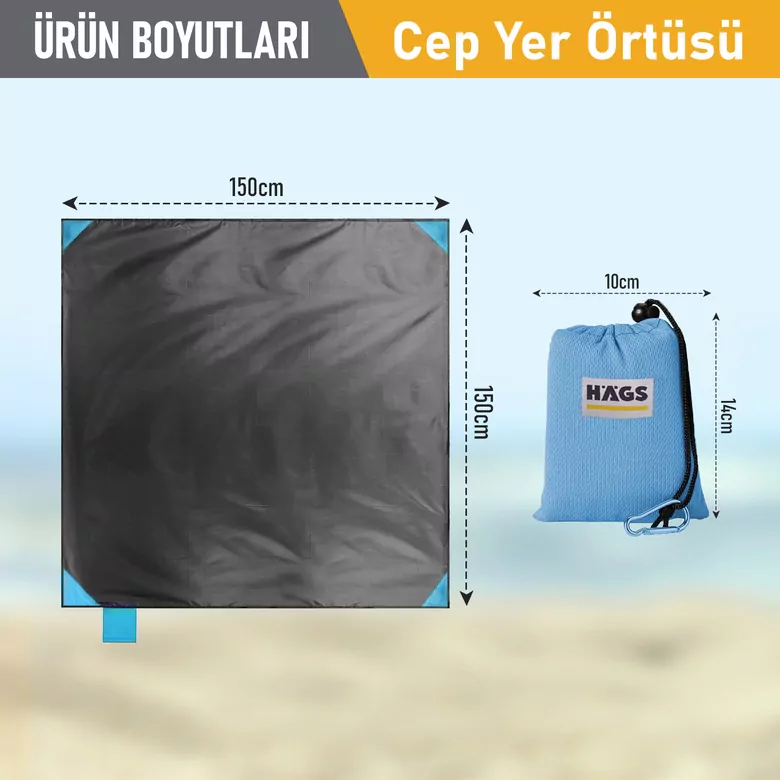 Haegs Cep Yer Örtüsü, Piknik Örtüsü Kamp Matı, Plaj Yer Örtüsü, Su Geçirmez, Kum Tutmaz, Hızlı Kurur, Hafif, Katlanabilir İnce Zemin Örtüsü Outdoor Açık Hava Kamp Yürüyüş Seyahat için - El Askılı - 150-150cm - Mavi