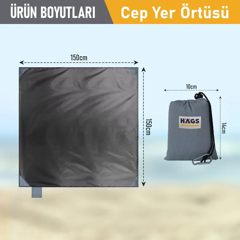 Haegs Cep Yer Örtüsü, Piknik Örtüsü Kamp Matı, Plaj Yer Örtüsü, Su Geçirmez, Kum Tutmaz, Hızlı Kurur, Hafif, Katlanabilir İnce Zemin Örtüsü Outdoor Açık Hava Kamp Yürüyüş Seyahat için - El Askılı 150-150cm - Gri