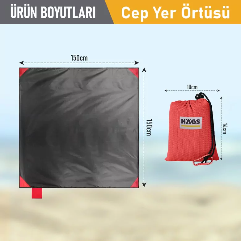 Haegs Cep Yer Örtüsü, Piknik Örtüsü Kamp Matı, Plaj Yer Örtüsü, Su Geçirmez, Kum Tutmaz, Hızlı Kurur, Hafif, Katlanabilir İnce Zemin Örtüsü Outdoor Açık Hava Kamp Yürüyüş Seyahat için - El Askılı - 150-150cm - Kırmızı