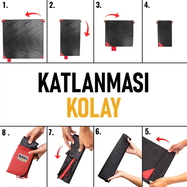 Haegs Cep Yer Örtüsü, Piknik Örtüsü Kamp Matı, Plaj Yer Örtüsü, Su Geçirmez, Kum Tutmaz, Hızlı Kurur, Hafif, Katlanabilir İnce Zemin Örtüsü Outdoor Açık Hava Kamp Yürüyüş Seyahat için - El Askılı - 150-150cm - Kırmızı