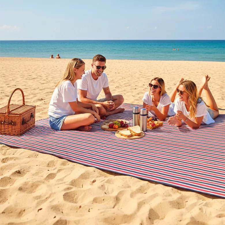 Haegs Piknik Örtüsü, Çanta Kamp Matı, Plaj Matı, Piknik Yer Örtüsü, Seyahat, Kamp, Outdoor, Park Çim Kum Tutmaz, Su Geçirmez, Kullanışlı Çanta Model, Katlanabilir 200x150cm - Mavi - Kırmızı Çizgili