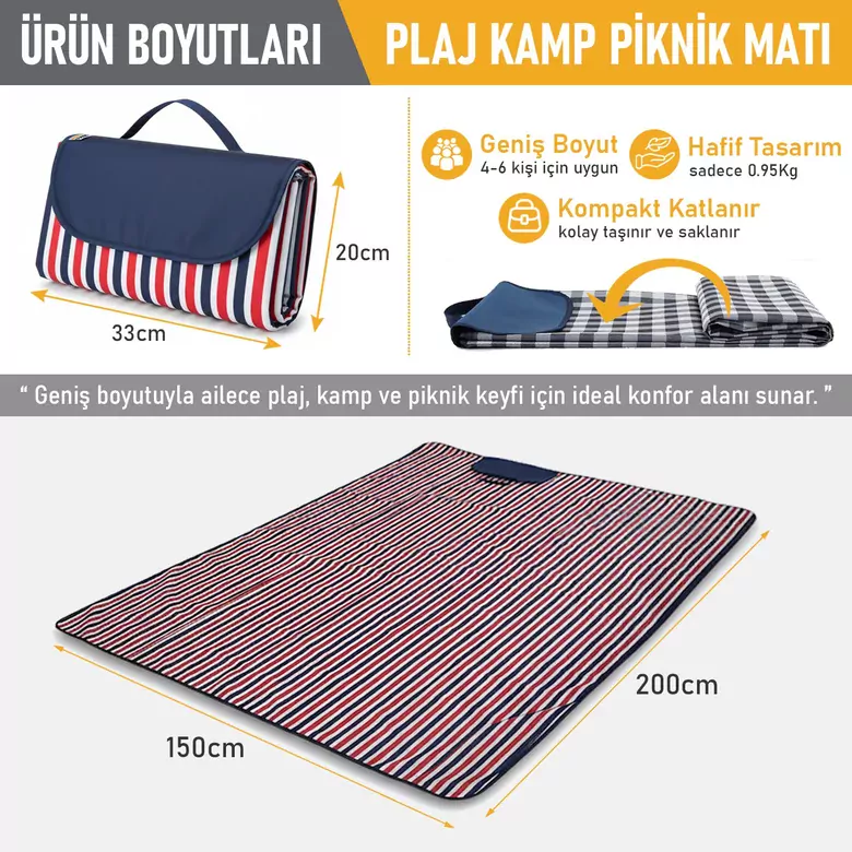 Haegs Piknik Örtüsü, Çanta Kamp Matı, Plaj Matı, Piknik Yer Örtüsü, Seyahat, Kamp, Outdoor, Park Çim Kum Tutmaz, Su Geçirmez, Kullanışlı Çanta Model, Katlanabilir 200x150cm - Mavi - Kırmızı Çizgili