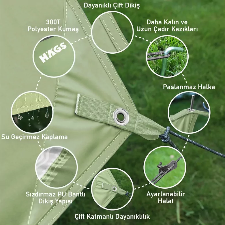 Haegs Su Geçirmez Tarp Tente Gölgelik Örtü, 4 Mevsim Taşınabilir Örtü Branda Çok İşlevli Outdoor Açık Hava Kamp Seyahat Tente Branda Barınak Yağmurluk, Güneşlik Karavan Yan Gölgelik Çadır 300x400 cm - Gri