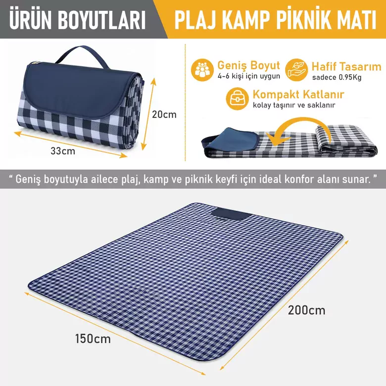 Haegs Piknik Örtüsü, Çanta Kamp Matı, Plaj Matı, Piknik Yer Örtüsü, Seyahat, Kamp, Outdoor, Park Çim Kum Tutmaz, Su Geçirmez, Kullanışlı Çanta Model, Katlanabilir 200x150cm - Mavi Ekose