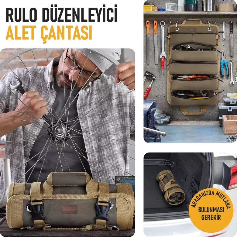 HAEGS Alet Çantası, Ağır Hizmet Tipi Kanvas Rulo Takım Çantası, Katlanabilir Alet Organizer El Çantası, Tamirci Usta Marangoz Elektrikçi Teknisyen Hobici Takım Çantası, Alet Takım Anahtar Düzenleyici Çanta Haki