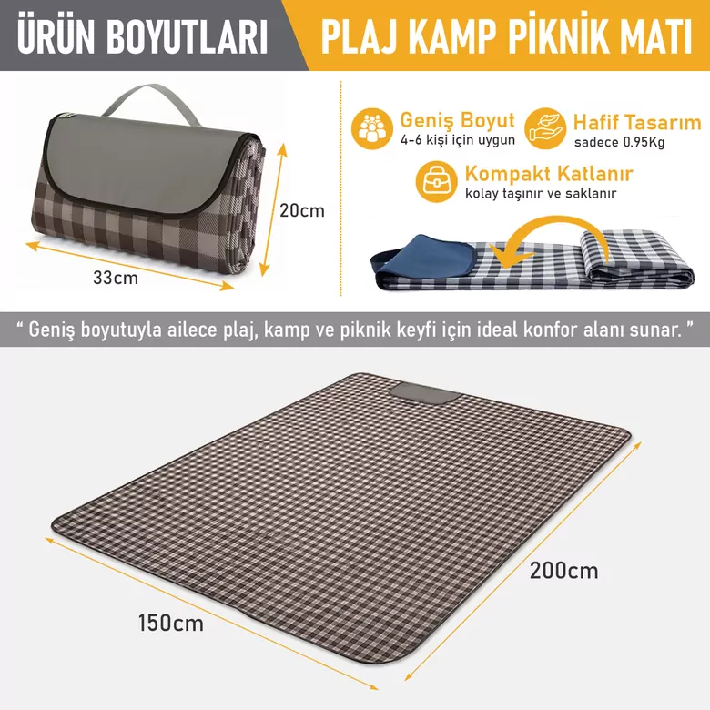 Haegs Piknik Örtüsü, Çanta Kamp Matı, Plaj Matı, Piknik Yer Örtüsü, Seyahat, Kamp, Outdoor, Park Çim Kum Tutmaz, Su Geçirmez, Kullanışlı Çanta Model, Katlanabilir 200x150cm - Kahve Ekose
