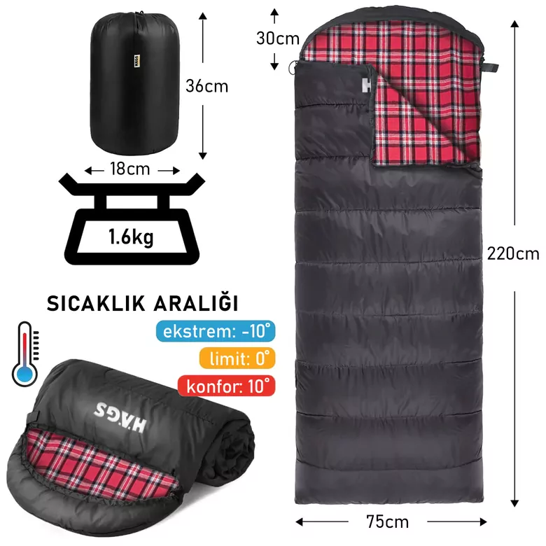 Haegs Uyku Tulumu, Flanel, Battaniye, Kamp Uyku Tulumu, Outdoor Dış Mekan, 3 - 4 Mevsim, Yazlık Uyku Tulumu - Kış Uyku Tulumu, Ultra Hafif, Sıcak ve Kompakt - Flanel -Siyah