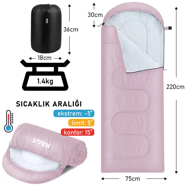 Haegs Uyku Tulumu, Battaniye, Kamp Uyku Tulumu, Outdoor Dış Mekan Çadır Karavan, 3 - 4 Mevsim, Yazlık Uyku Tulumu - Kış Uyku Tulumu, Ultra Hafif, Sıcak ve Kompakt - Pembe