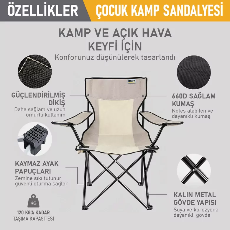 Haegs Katlanır Kamp Sandalyesi, Çocuk Kamp Sandalyesi, Hafif Taşınabilir Plaj, Kamp, Piknik için Katlanır Sandalye, Küçük Boy - Bej - Bej