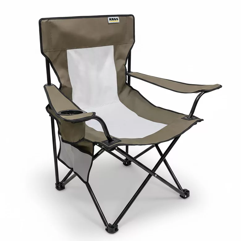 Haegs Kamp Sandalyesi, Outdoor, Plaj ve Piknik için Katlanır Kamp Sandalyesi, Saklama Cepli, Bardak Tutuculu, Extra Destekli, Su Geçirmez Kumaş - 120 Kg Taşıma Kapasiteli, Standart Boy - Gri - Kahverengi