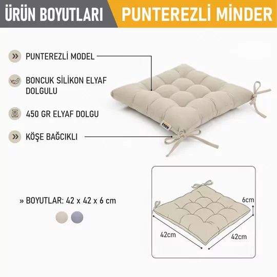 Haegs Sandalye Minderi, Punterez Puntolu Silikon Elyaf Dolgulu, Bağcıklı Mutfak Yemek Sandalyeleri için Oturma Minderi Ofis Sandalyesi Minderi, Yumuşak Konforlu Puf Minder 42x42x6 cm - Bej