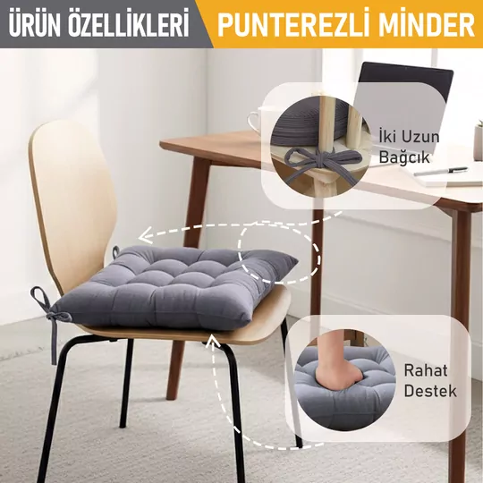 Haegs Sandalye Minderi, Punterez Puntolu Silikon Elyaf Dolgulu, Bağcıklı Mutfak Yemek Sandalyeleri için Oturma Minderi Ofis Sandalyesi Minderi, Yumuşak Konforlu Puf Minder 42x42x6 cm - Bej