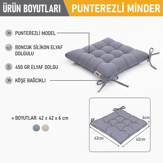 Haegs Sandalye Minderi, Punterez Puntolu Silikon Elyaf Dolgulu, Bağcıklı Mutfak Yemek Sandalyeleri için Oturma Minderi Ofis Sandalyesi Minderi, Yumuşak Konforlu Puf Minder 42x42x6 cm - Gri