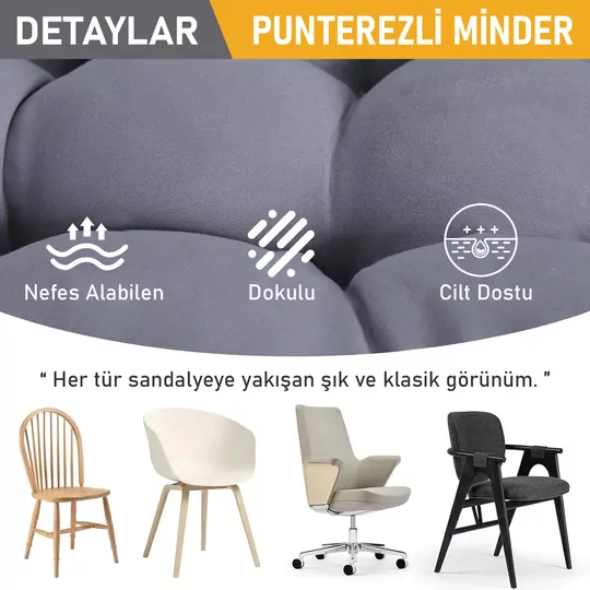 Haegs Sandalye Minderi, Punterez Puntolu Silikon Elyaf Dolgulu, Bağcıklı Mutfak Yemek Sandalyeleri için Oturma Minderi Ofis Sandalyesi Minderi, Yumuşak Konforlu Puf Minder 42x42x6 cm - Gri