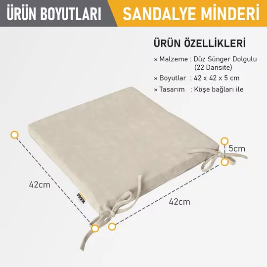 Haegs Sandalye Minderi, Süngerli, Yemek Sandalyeleri için Sünger Kare Minder Mutfak Sandalye Minderleri Yemek Sandalyeleri için Bağcıklı Kaymaz Sandalye Minderleri 22 Dens, 42x42x5cm Bej