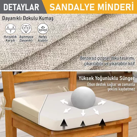 Haegs Sandalye Minderi, Süngerli, Yemek Sandalyeleri için Sünger Kare Minder Mutfak Sandalye Minderleri Yemek Sandalyeleri için Bağcıklı Kaymaz Sandalye Minderleri 22 Dens, 42x42x5cm Bej