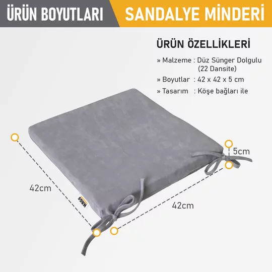 Haegs Sandalye Minderi, Süngerli, Yemek Sandalyeleri için Sünger Kare Minder Mutfak Sandalye Minderleri Yemek Sandalyeleri için Bağcıklı Kaymaz Sandalye Minderleri 22 Dens, 42x42x5cm Gri
