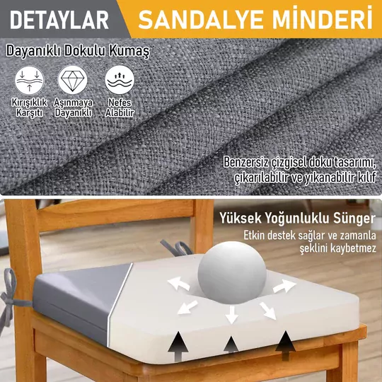 Haegs Sandalye Minderi, Süngerli, Yemek Sandalyeleri için Sünger Kare Minder Mutfak Sandalye Minderleri Yemek Sandalyeleri için Bağcıklı Kaymaz Sandalye Minderleri 22 Dens, 42x42x5cm Gri