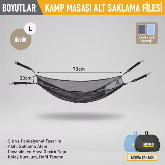 Masa Altı Saklama Filesi, Kamp Piknik Outdoor için Masa Altı Kamp Malzemeleri Eşya Depolama, Düzenleyici Organizer Kese Hurç File - L - 70x30 cm - Gri