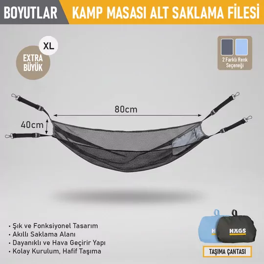 Masa Altı Saklama Filesi, Kamp Piknik Outdoor için Masa Altı Kamp Malzemeleri Eşya Depolama, Düzenleyici Organizer Kese Hurç File - XL - 80x40 cm - Gri
