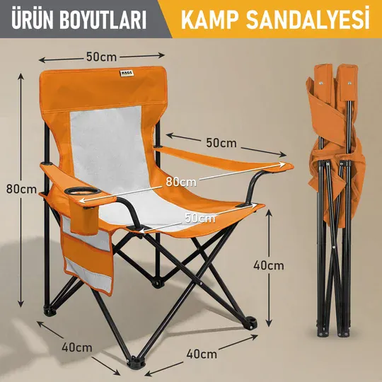 Haegs Kamp Sandalyesi, Outdoor, Plaj ve Piknik için Katlanır Kamp Sandalyesi, Saklama Cepli, Bardak Tutuculu, Extra Destekli, 120 Kg Taşıma Kapasiteli, Standart Boy - Turuncu