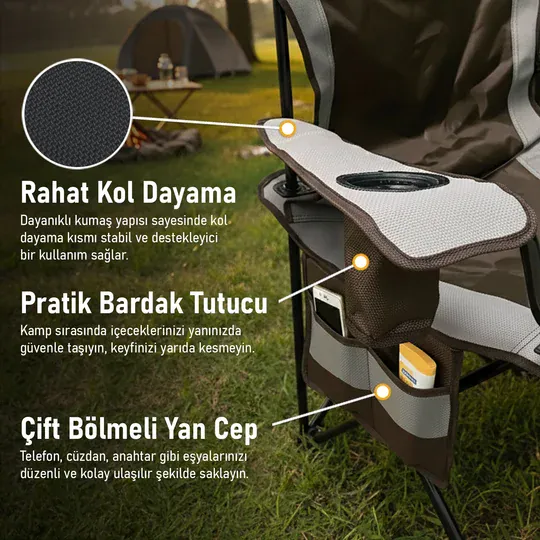 Haegs Kamp Sandalyesi, Outdoor, Plaj ve Piknik için Katlanır Kamp Sandalyesi, Saklama Cepli, Bardak Tutuculu, Extra Destekli, 120 Kg Taşıma Kapasiteli, Standart Boy - Turuncu