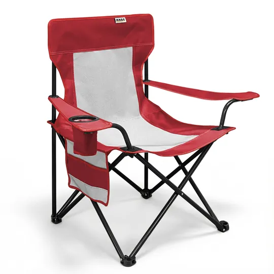 Haegs Kamp Sandalyesi, Outdoor, Plaj ve Piknik için Katlanır Kamp Sandalyesi, Saklama Cepli, Bardak Tutuculu, Extra Destekli, 120 Kg Taşıma Kapasiteli, Standart Boy - Kırmızı