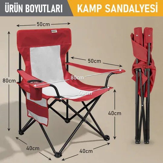 Haegs Kamp Sandalyesi, Outdoor, Plaj ve Piknik için Katlanır Kamp Sandalyesi, Saklama Cepli, Bardak Tutuculu, Extra Destekli, 120 Kg Taşıma Kapasiteli, Standart Boy - Kırmızı