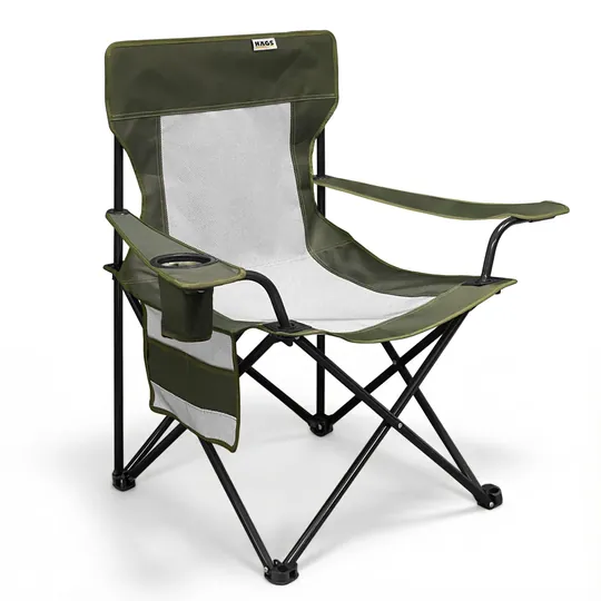 Haegs Kamp Sandalyesi, Outdoor, Plaj ve Piknik için Katlanır Kamp Sandalyesi, Saklama Cepli, Bardak Tutuculu, Extra Destekli, 120 Kg Taşıma Kapasiteli, Standart Boy - Haki