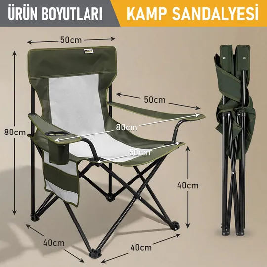 Haegs Kamp Sandalyesi, Outdoor, Plaj ve Piknik için Katlanır Kamp Sandalyesi, Saklama Cepli, Bardak Tutuculu, Extra Destekli, 120 Kg Taşıma Kapasiteli, Standart Boy - Haki