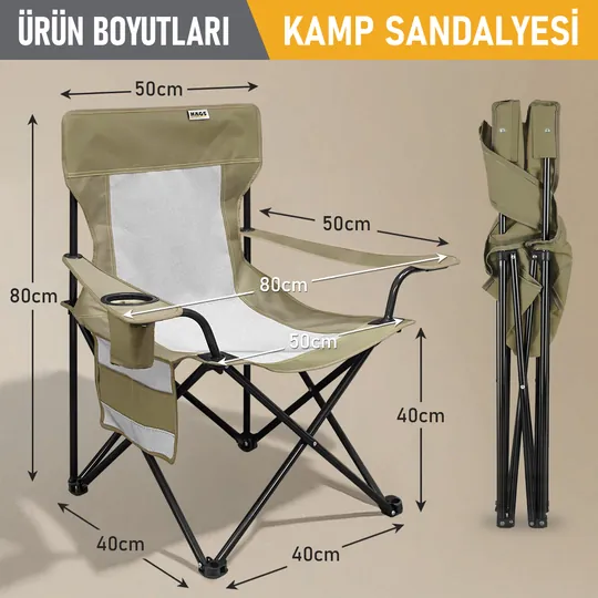 Haegs Kamp Sandalyesi, Outdoor, Plaj ve Piknik için Katlanır Kamp Sandalyesi, Saklama Cepli, Bardak Tutuculu, Extra Destekli, 120 Kg Taşıma Kapasiteli, Standart Boy - Yeşil