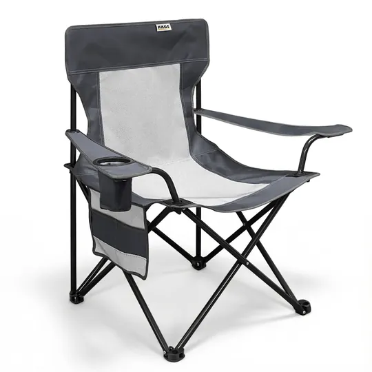 Haegs Kamp Sandalyesi, Outdoor, Plaj ve Piknik için Katlanır Kamp Sandalyesi, Saklama Cepli, Bardak Tutuculu, Extra Destekli, 120 Kg Taşıma Kapasiteli, Standart Boy - Gri